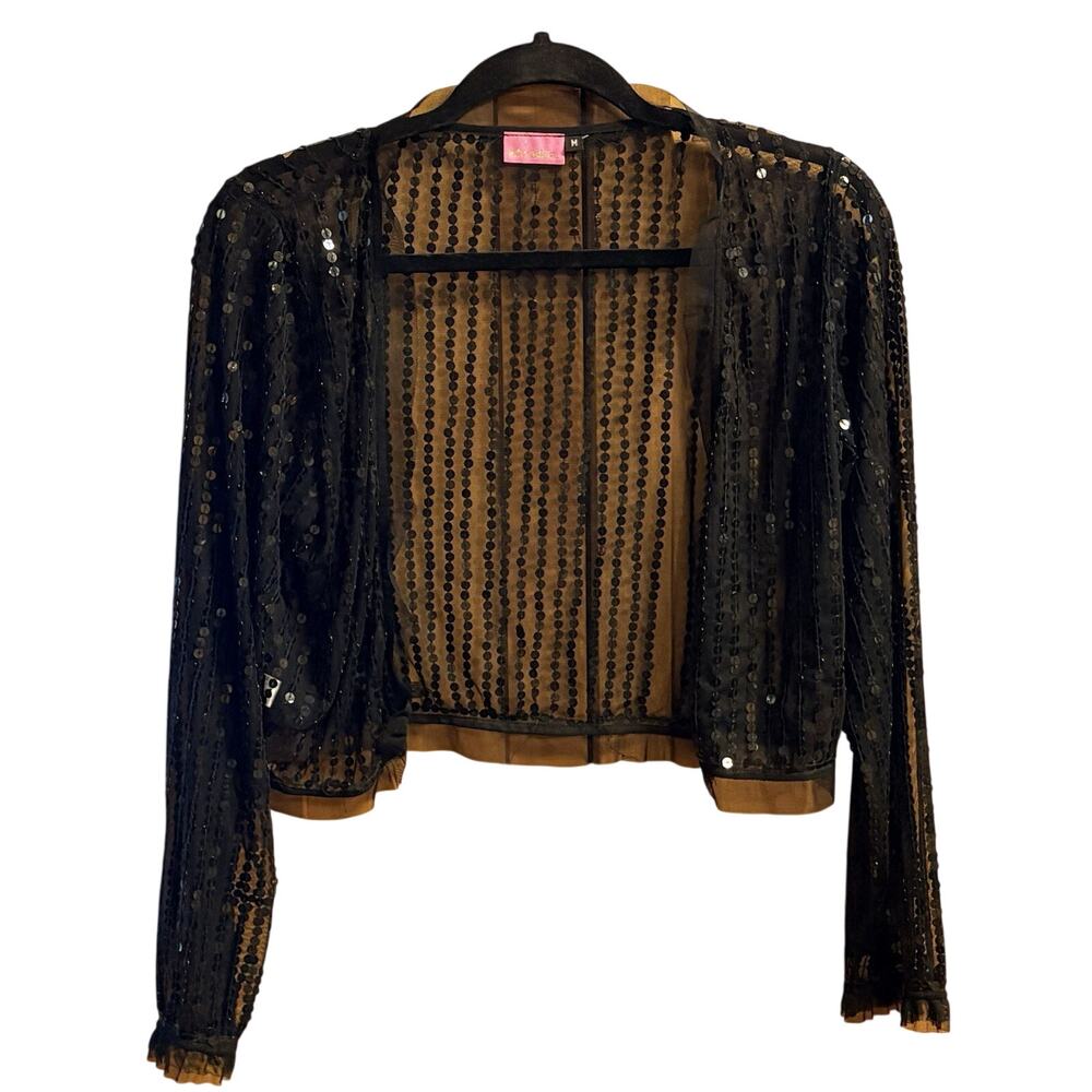 Betsey Johnson Cropped Shrug Size Medium Black Sheer Sequins Long Sleeve
